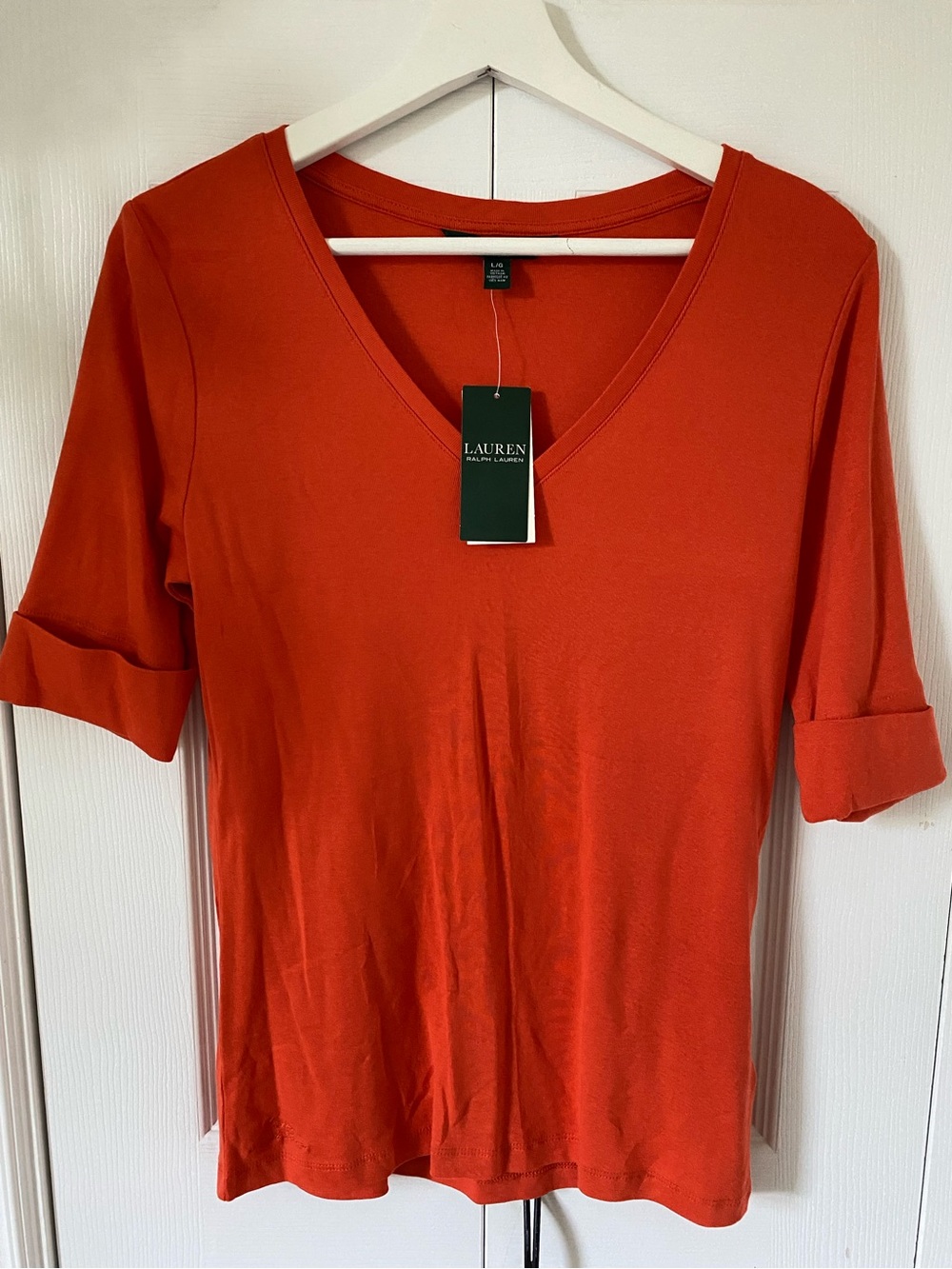 Ralph Lauren NWT LRL Classics 3/4 Sleeve Cuffed V Neck Orange Size Large